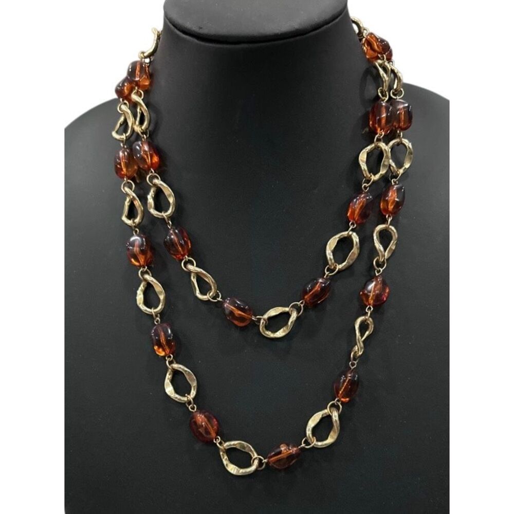 Vintage Statement Necklace 18"-20" Gold-tone Links & Amber Resin Double Strand
